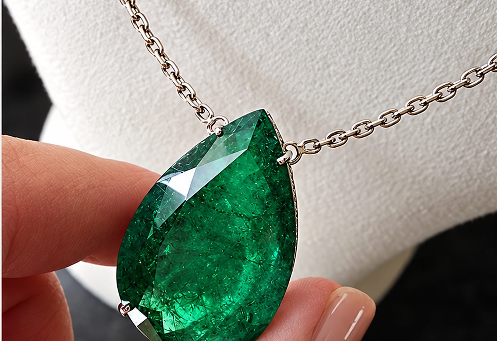Macro view of a pear-cut emerald pendant held between two fingers