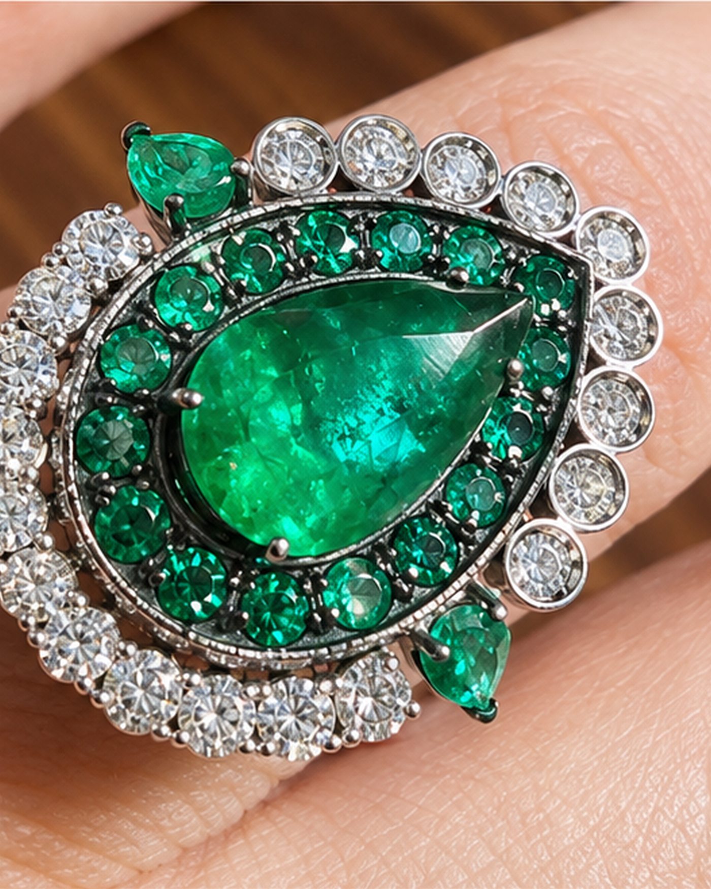 Pear-cut emerald ring with emerald and diamond halo worn on a hand