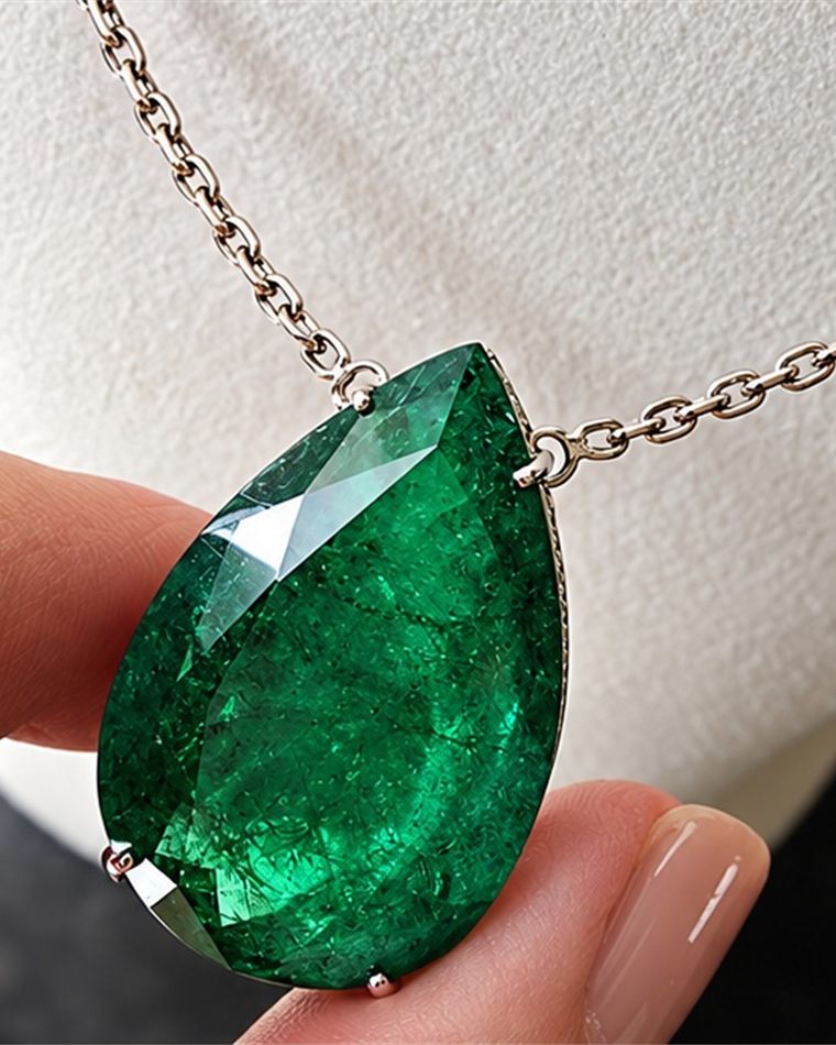 Large pear-cut emerald pendant on a fine white gold chain, held in the hand