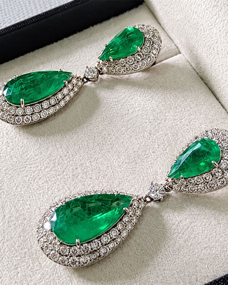 Pear-cut emerald drop earrings with diamond halos, shown in a presentation box