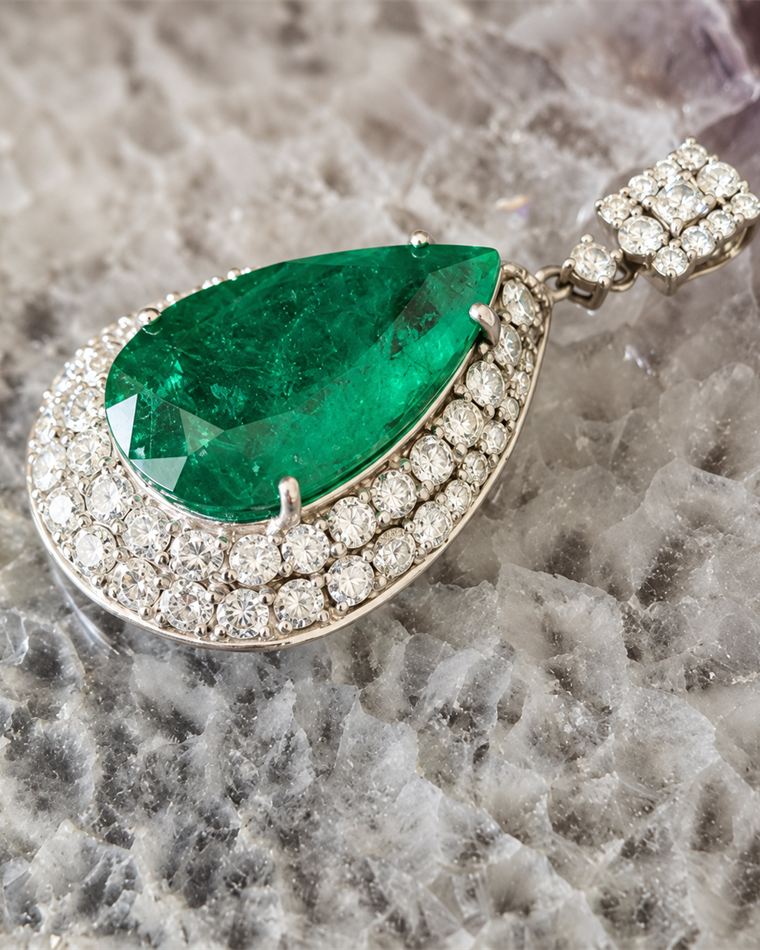 Pear-cut emerald pendant framed by a double row of diamonds