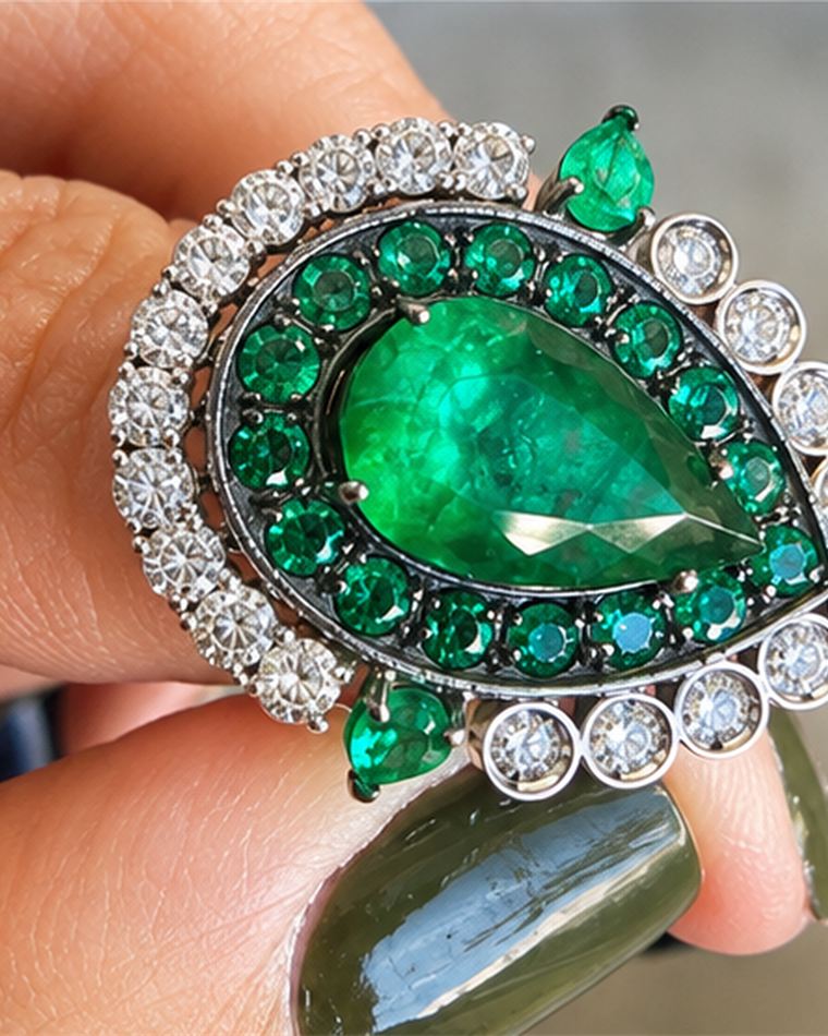 Pear-cut emerald ring with a double halo of emeralds and diamonds