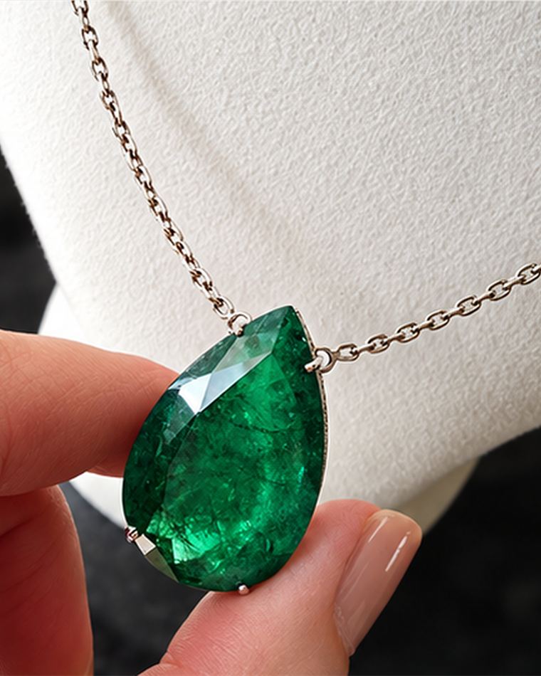 Pear-cut emerald pendant on a fine white gold chain