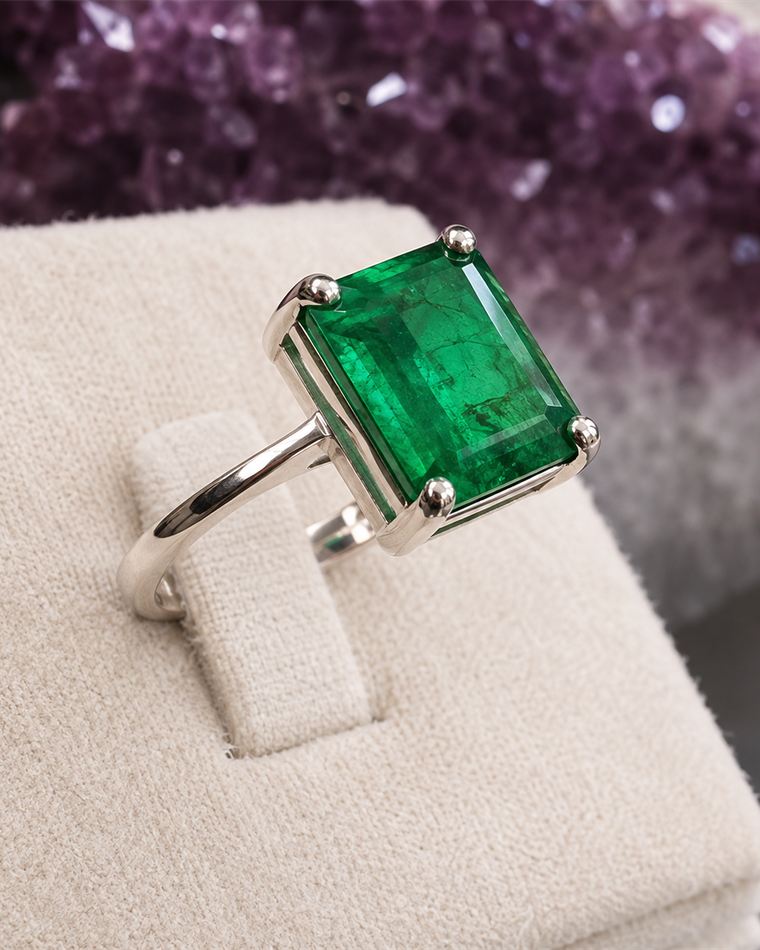 Emerald-cut emerald solitaire ring in white gold