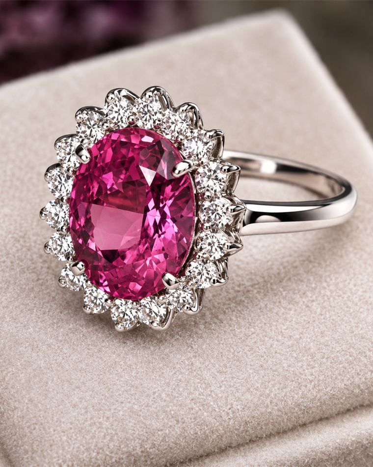 Pink tourmaline oval ring with a brilliant-cut diamond halo